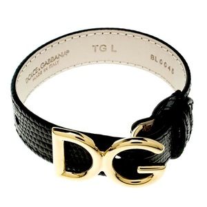 Dolce and Gabbana Black Iguana Leather Gold Tone Logo Bracelet